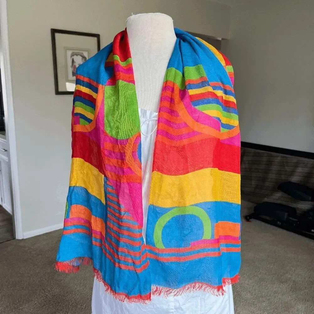 VTG Liz Claiborne Geometric Scarf 17x56 Memphis Colorblock Fringe Dopamine
